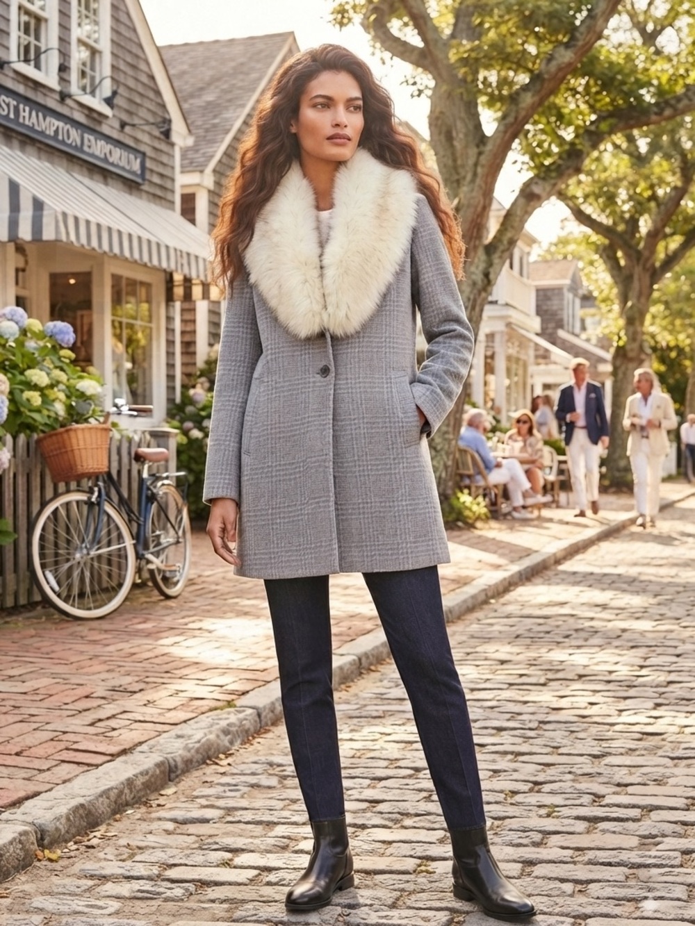 Tahari Olivia Gray PeaCoat fitted wool remove fur collar NYC classy lined jacket